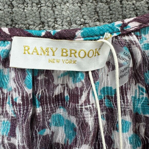 Ramy Brook Blouse Womens Small Wine Blue Pullover Sidney Printed Flutter Sleeve - Picture 7 of 11
